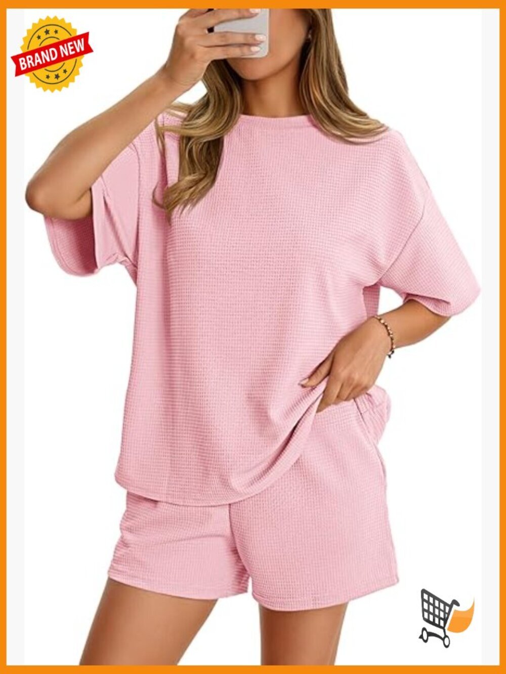 Waffle Knit 2 Piece Lounge Set Short Sleeve Top & Shorts Matching Set